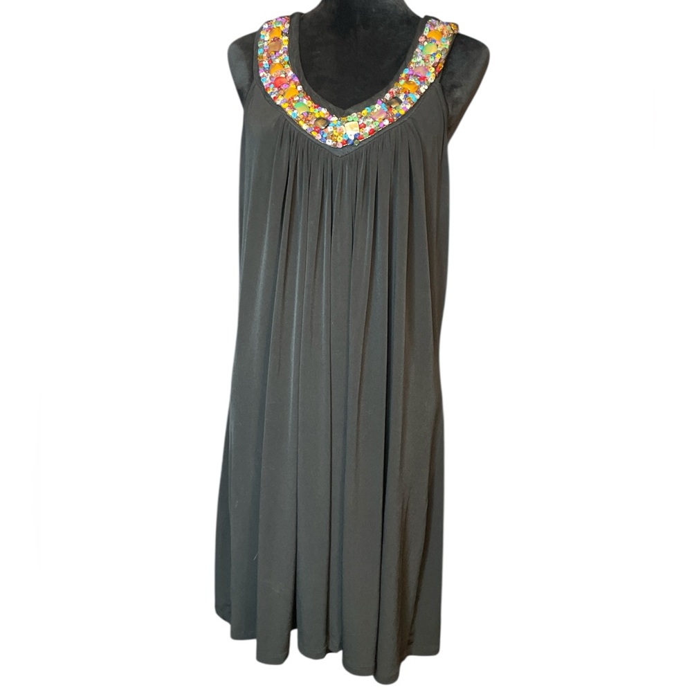Fresh of LA Colorful Beaded Embellished Neckline, Black Sleeveless MIDI Dress